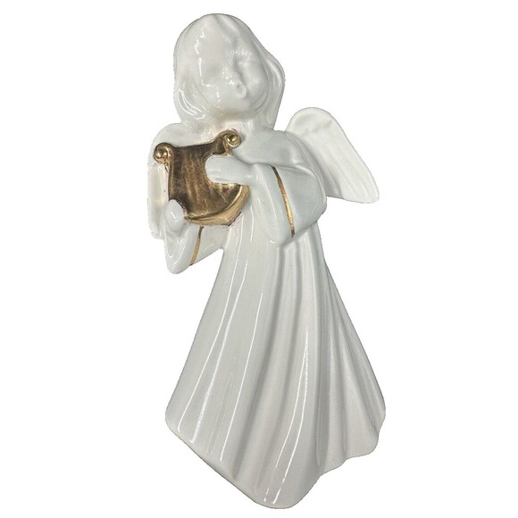 White and Gold Ceramic Angels Playing Musical Instruments Set of 3 Angels - Picture 8 of 11